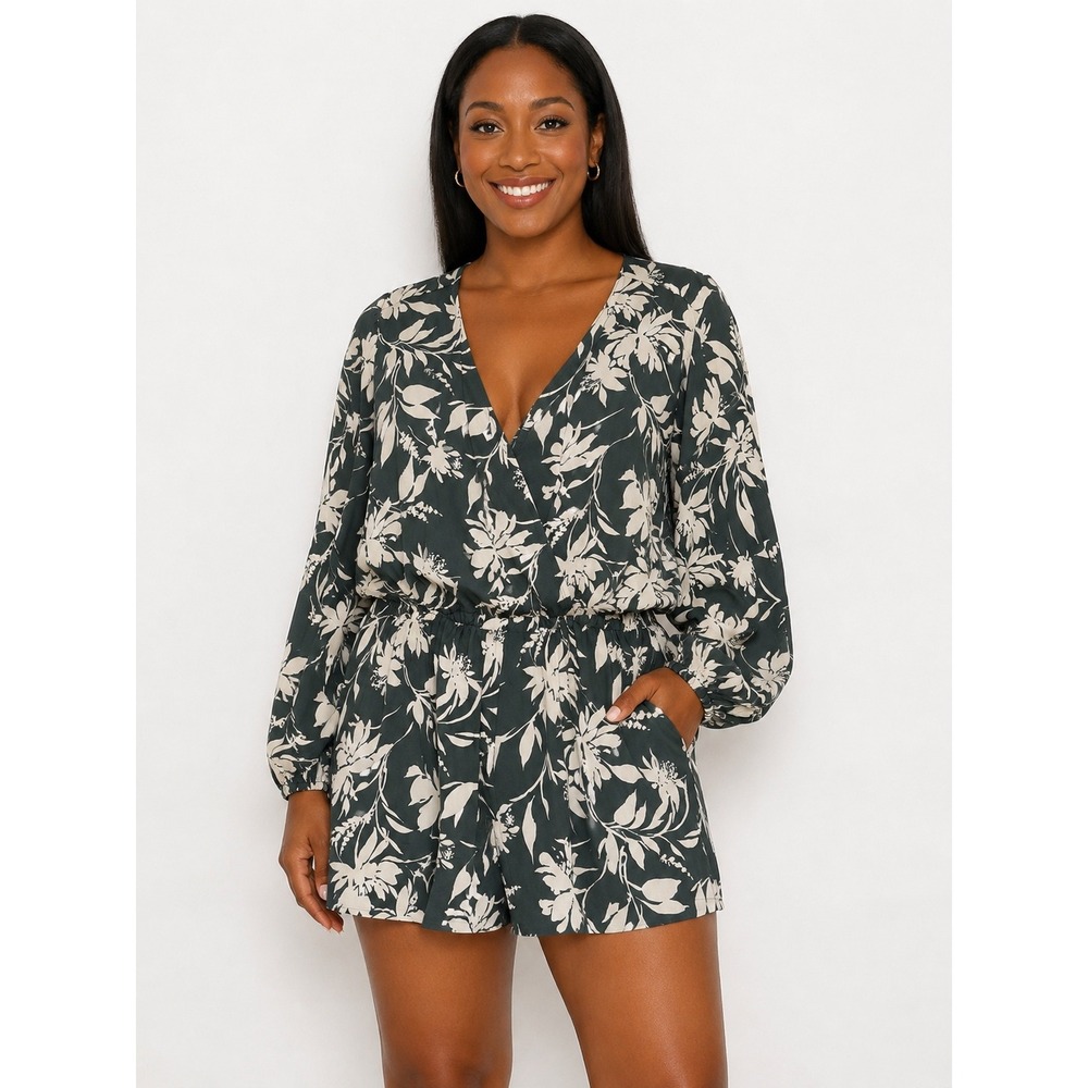 Abercrombie & Fitch Floral Wrap Romper Green Cream Long Sleeve Size L